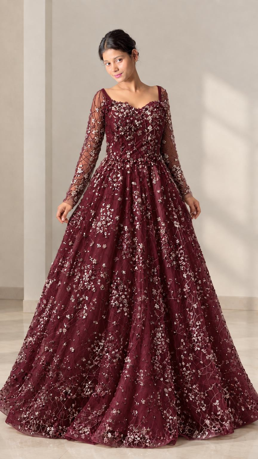 Burgundy wine red floral sequin long sleeve ballgown dress