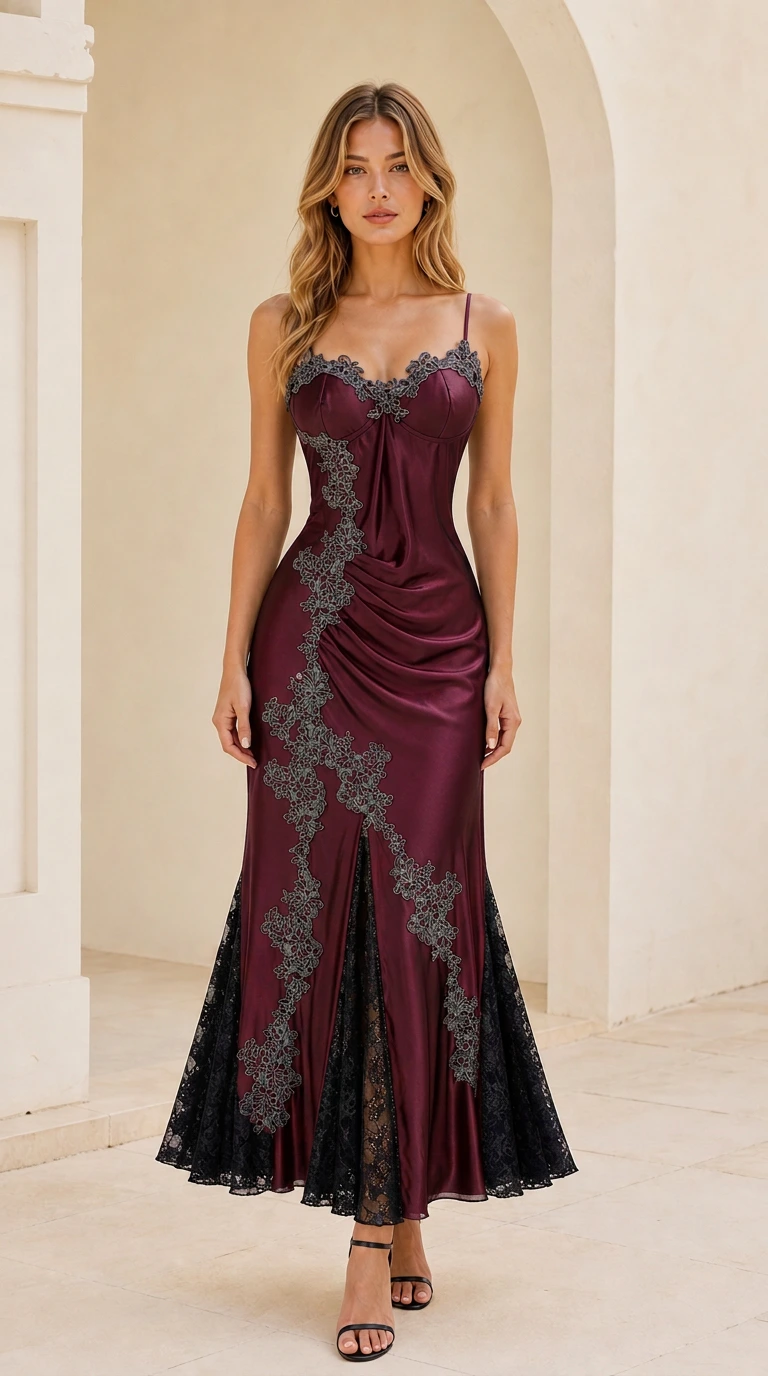 Burgundy wine satin corset dress with black lace trim