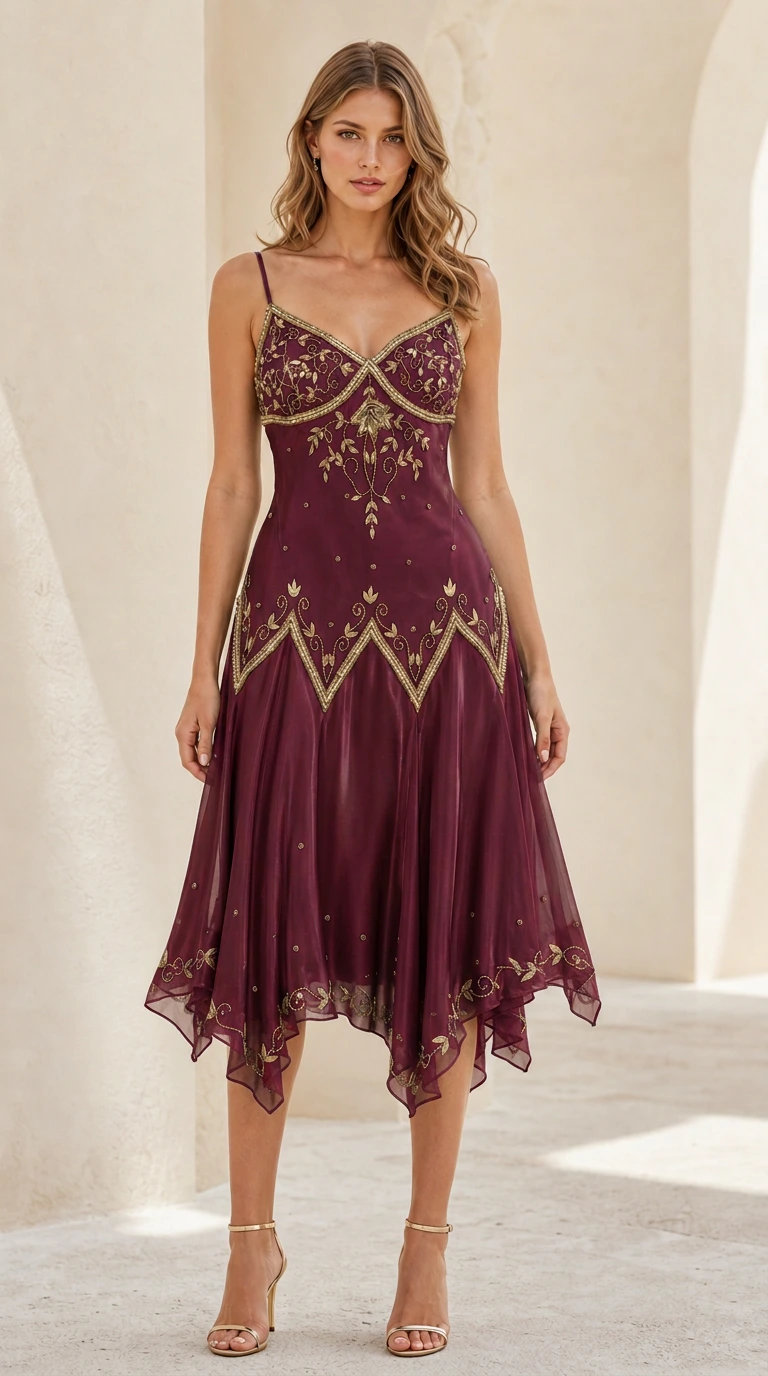 Front view of model wearing Burgundy wine embellished midi flapper dress