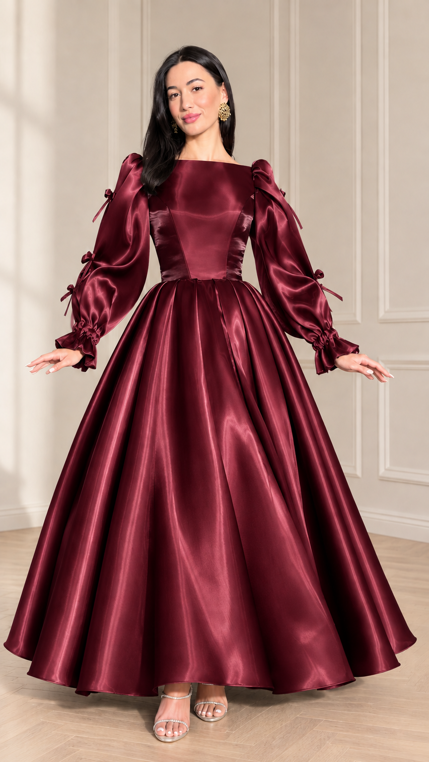 Front full-length view of burgundy red satin ball gown with puff sleeves