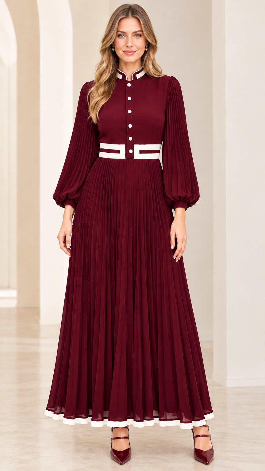 Front view of burgundy wine red long sleeve pleated maxi dress with white contrast accents