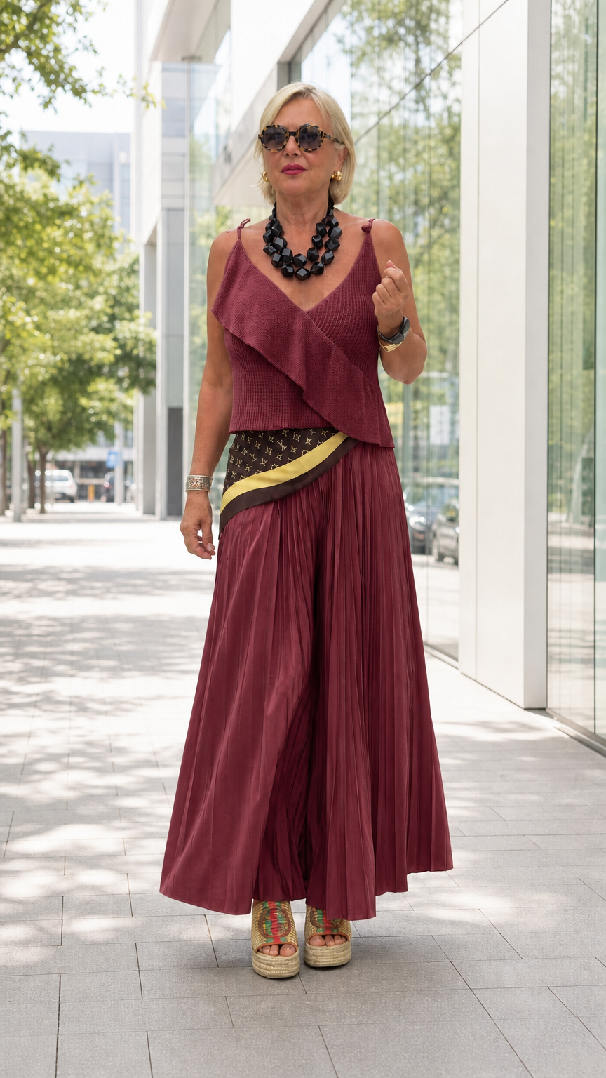 Full front view of burgundy ruffle camisole and pleated wide-leg pants two-piece set