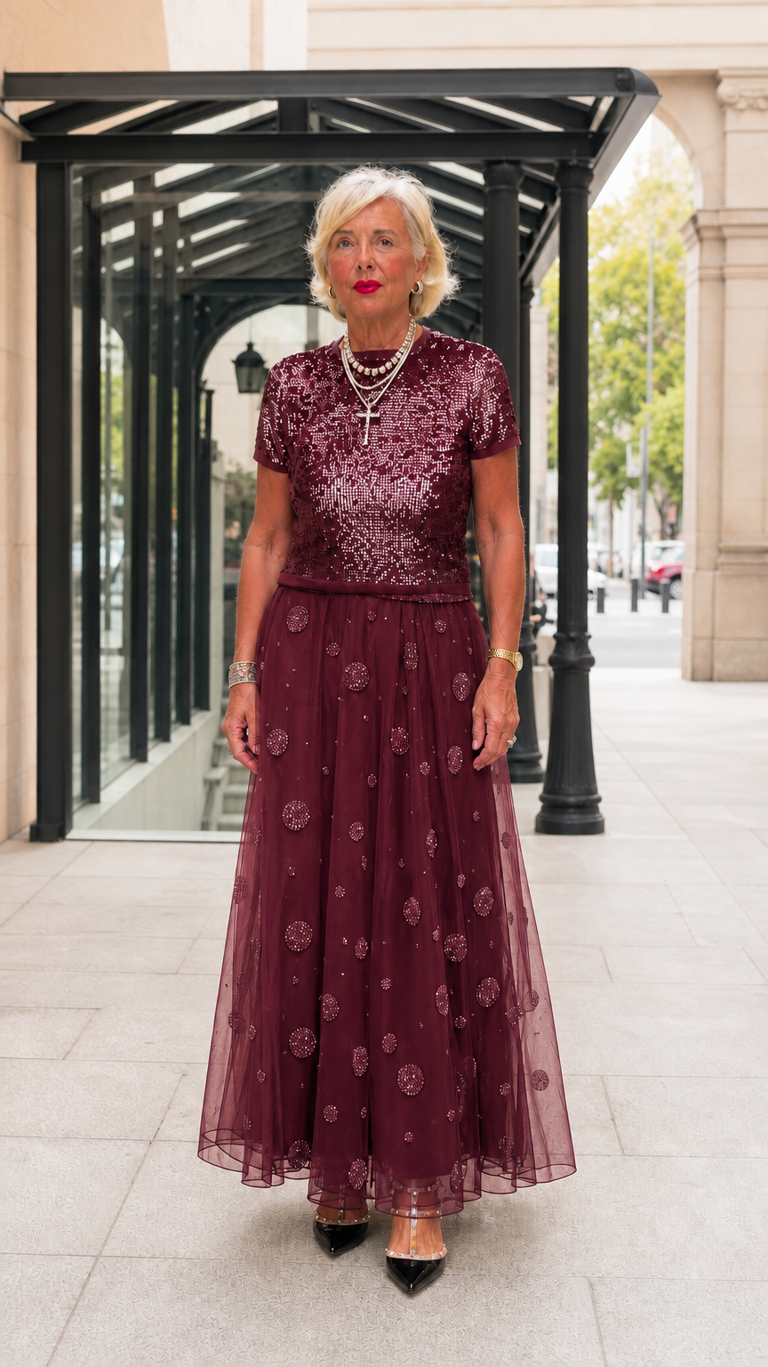 Burgundy wine sequin top and tulle maxi evening dress set
