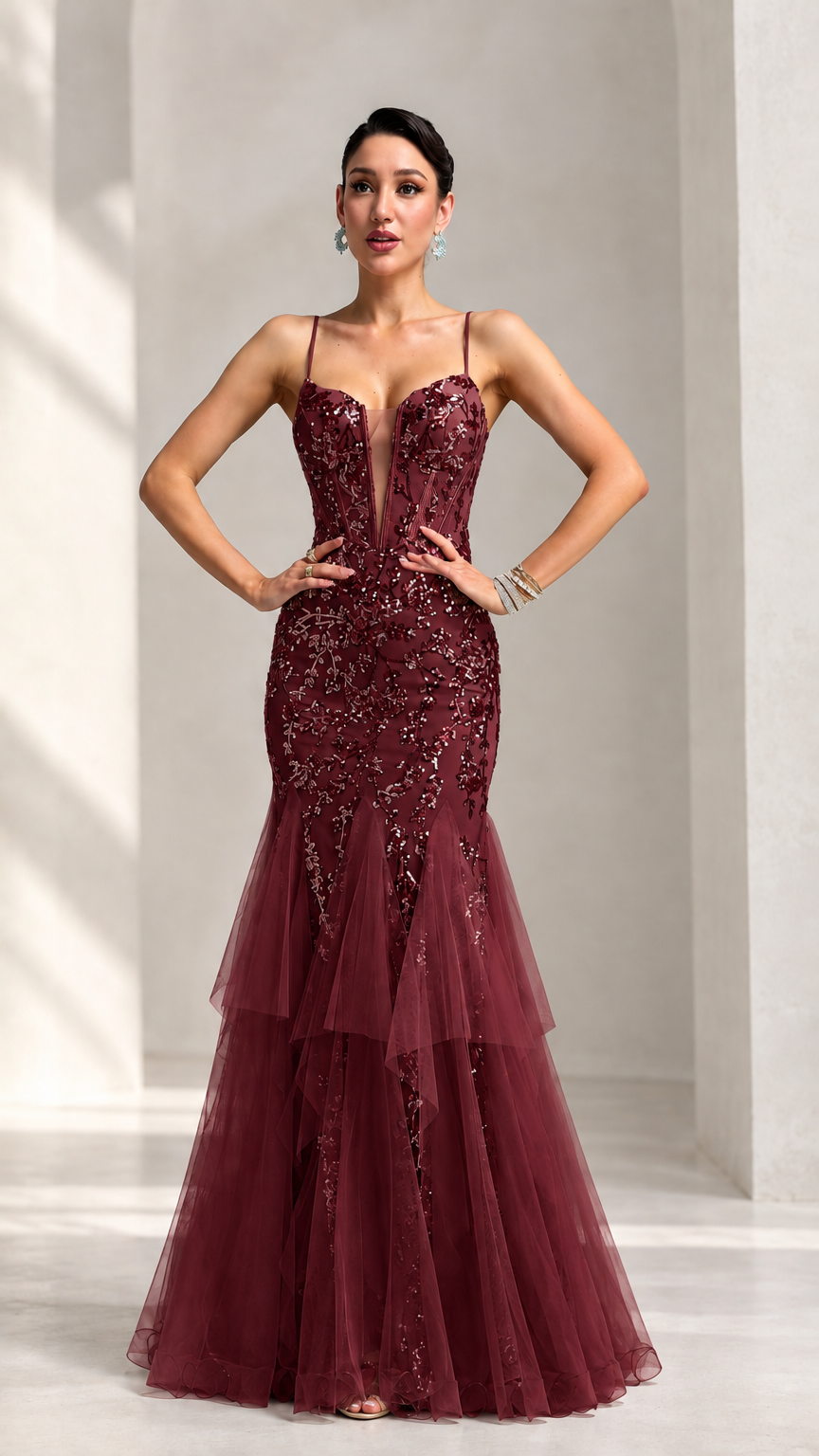 Front view of model wearing burgundy wine sequin embroidered corset mermaid evening gown with tiered tulle skirt