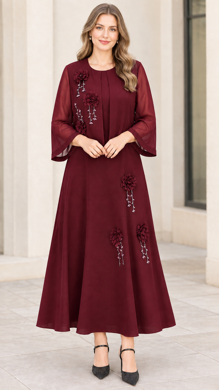 Full front view of burgundy wine red floral appliqué chiffon maxi dress set with matching jacket
