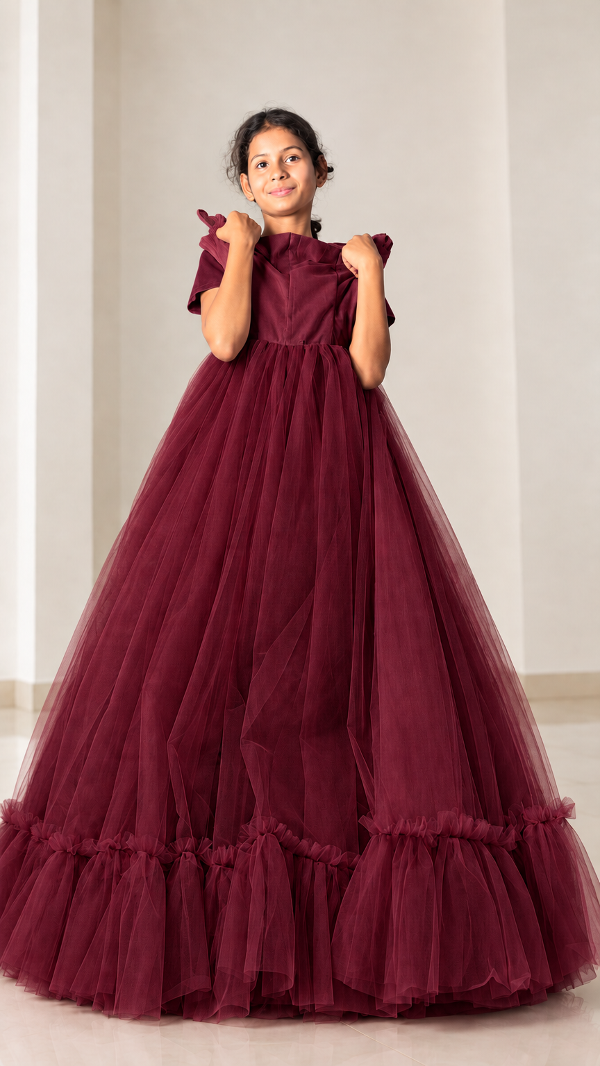 Front view of model wearing burgundy wine-colored layered tulle formal dress
