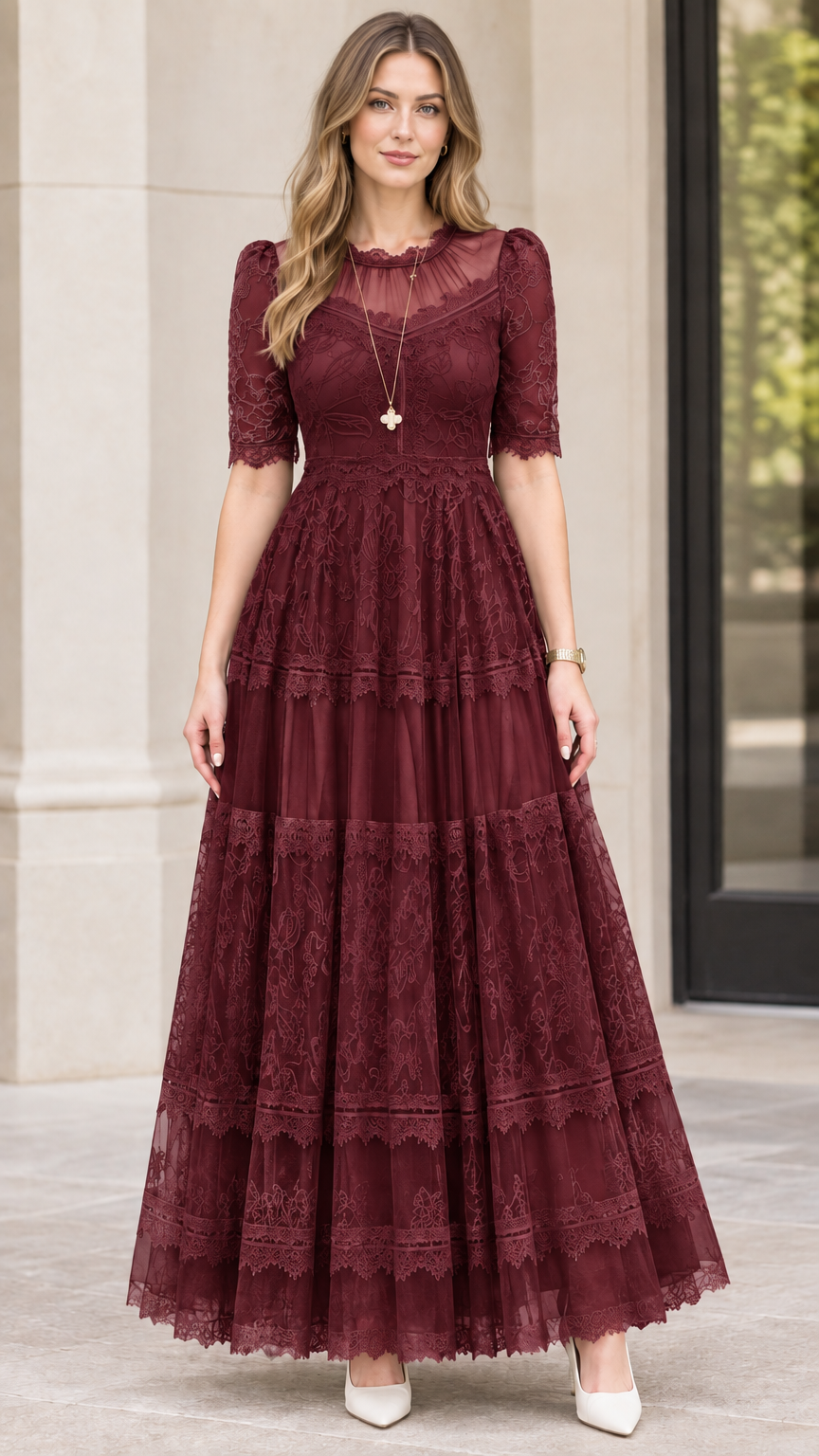 Front view of burgundy wine red illusion neck tiered lace gown