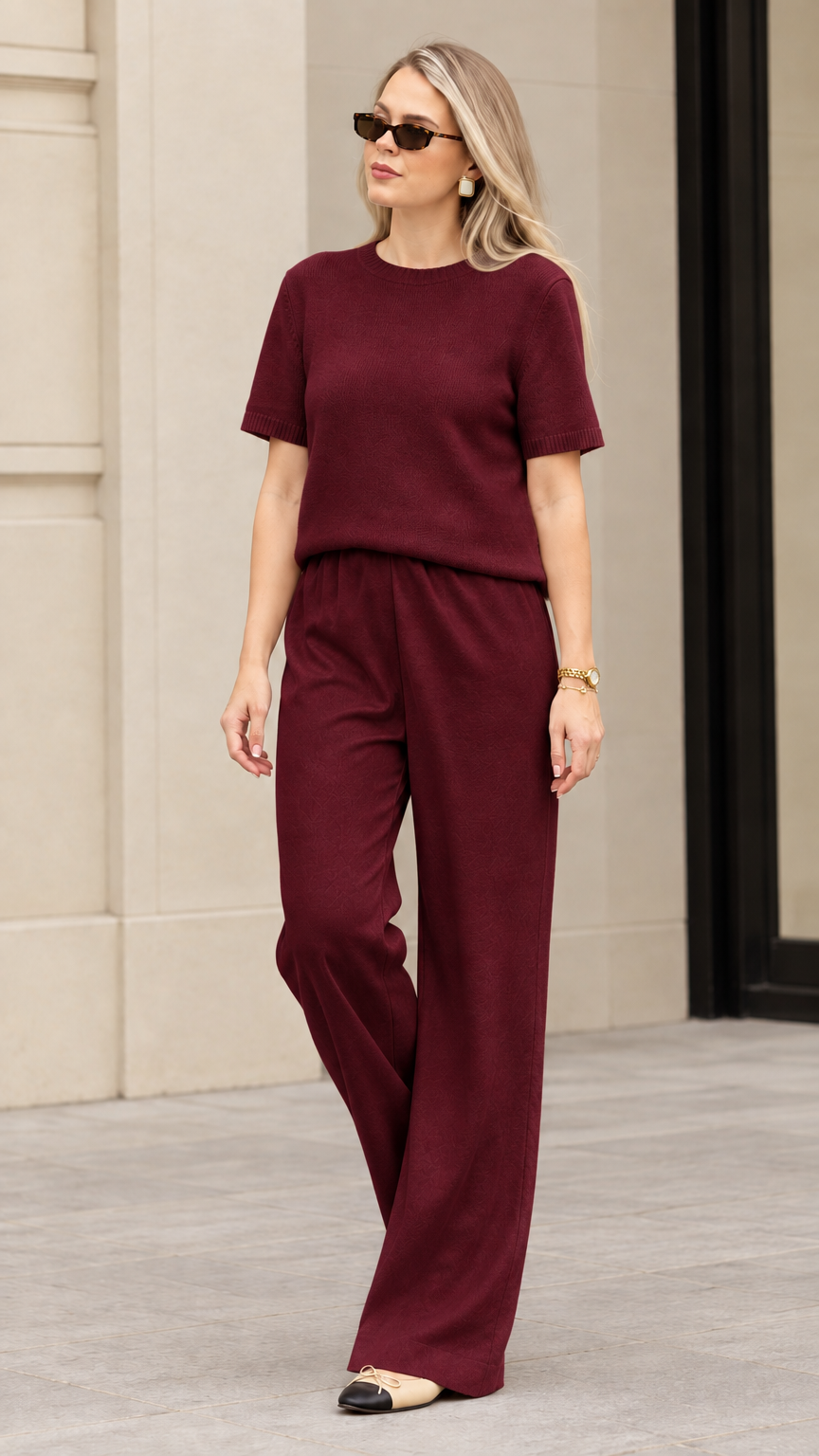 Women's burgundy textured knit short sleeve top and wide leg pant set