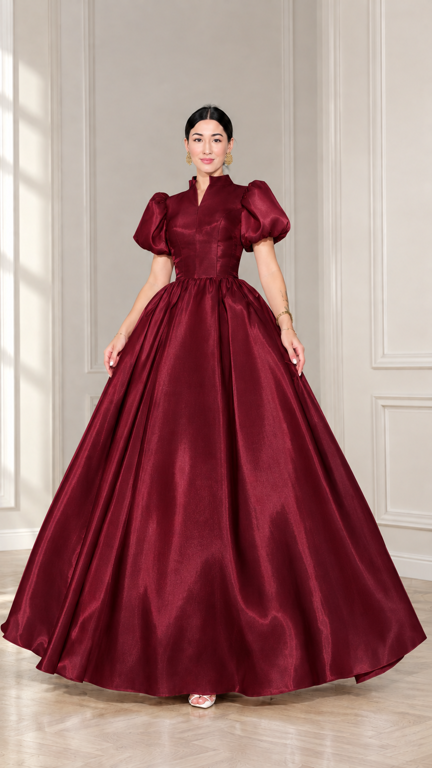 Burgundy wine red puff sleeve satin ball gown