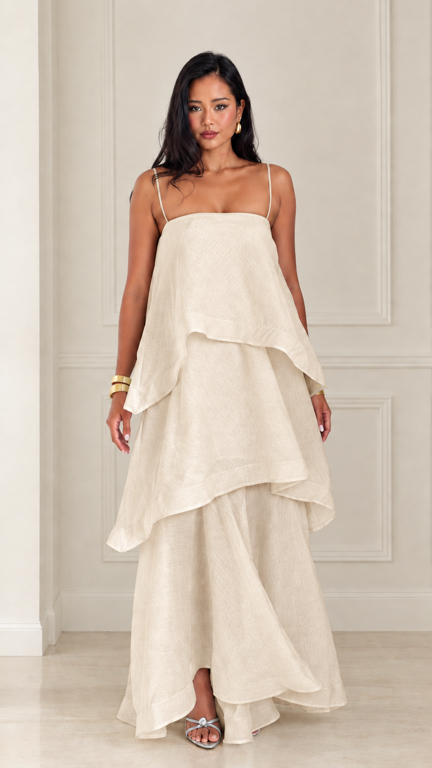 Front view of woman wearing beige tiered spaghetti strap maxi dress