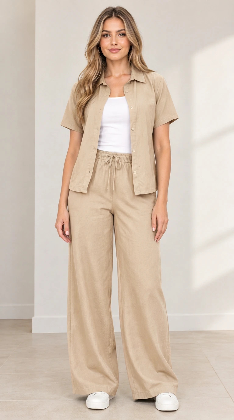 Full front view of model wearing Beige casual button-up shirt and drawstring pants set