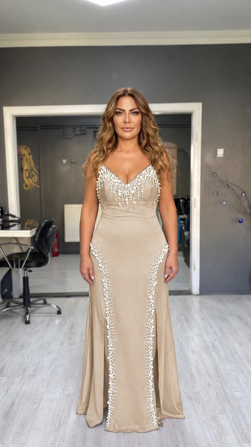 Woman wearing champagne beige pearl-embellished spaghetti strap evening maxi gown