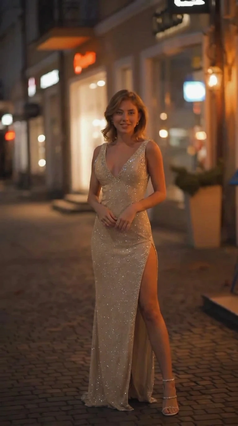 Full-length front view of champagne gold rhinestone sleeveless evening gown with slit