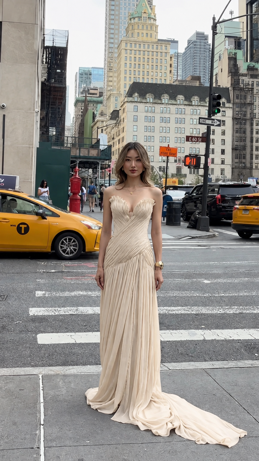 Front full-length view of woman in champagne strapless pleated chiffon evening gown
