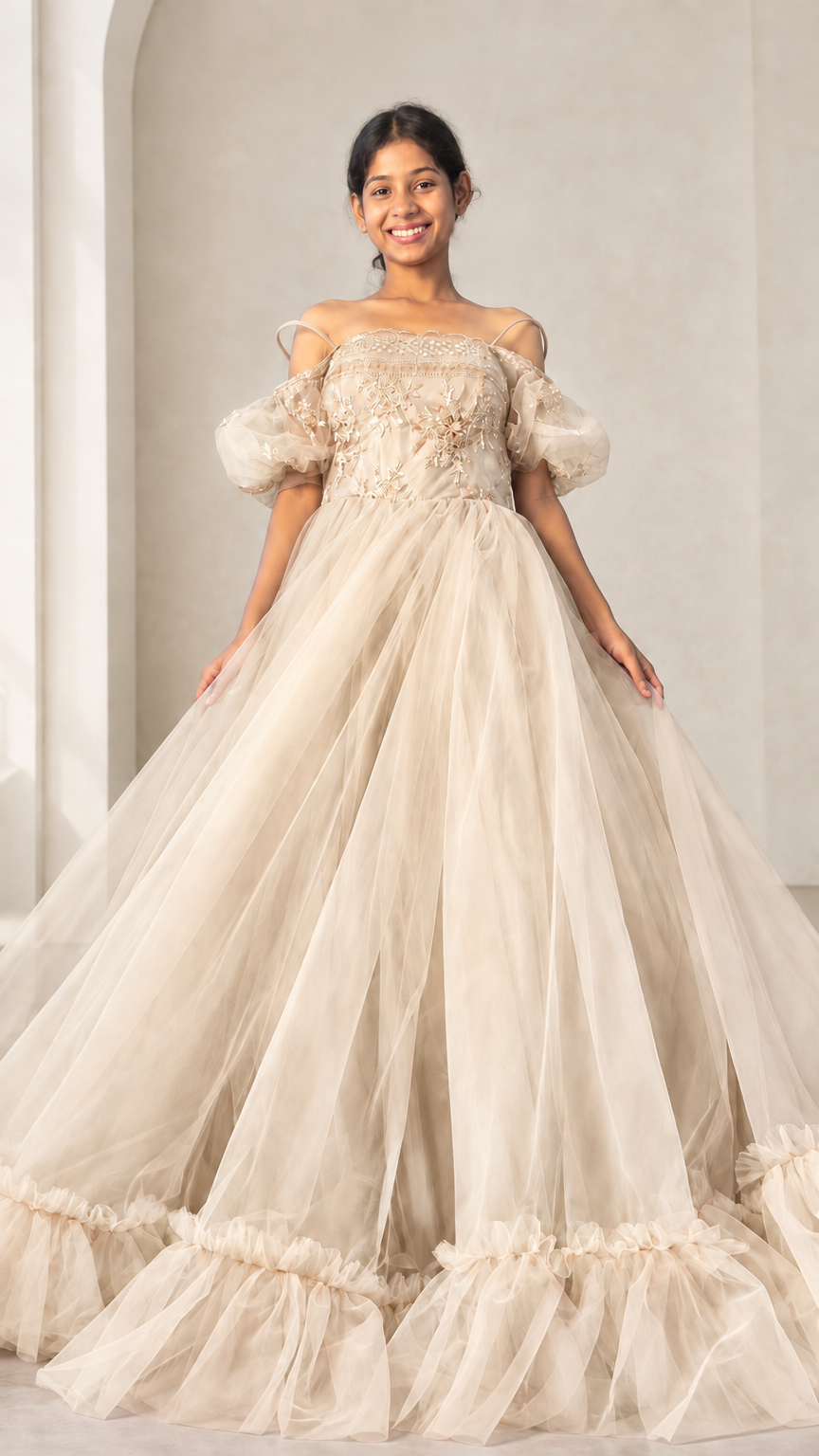Full front view of champagne beige embroidered off-shoulder tulle ballgown
