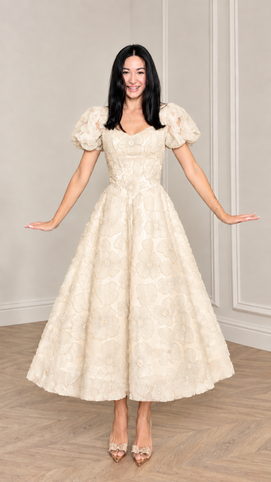 Front view of woman wearing Champagne cream floral applique puff sleeve midi dress
