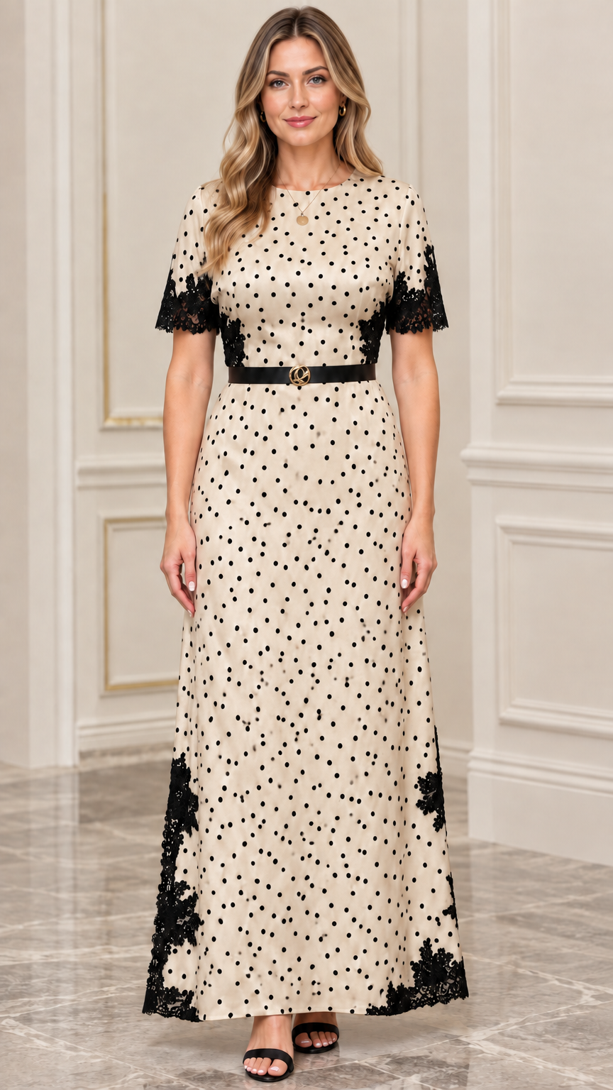 Beige polka dot maxi dress with black lace trim and waist belt