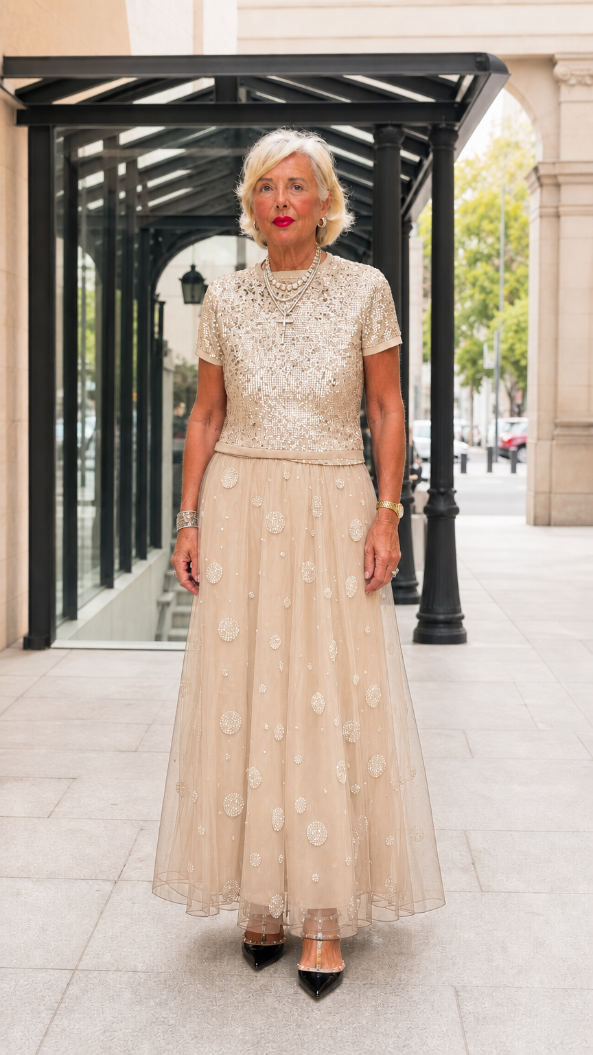 Champagne gold sequin top with matching dot-embellished tulle maxi skirt