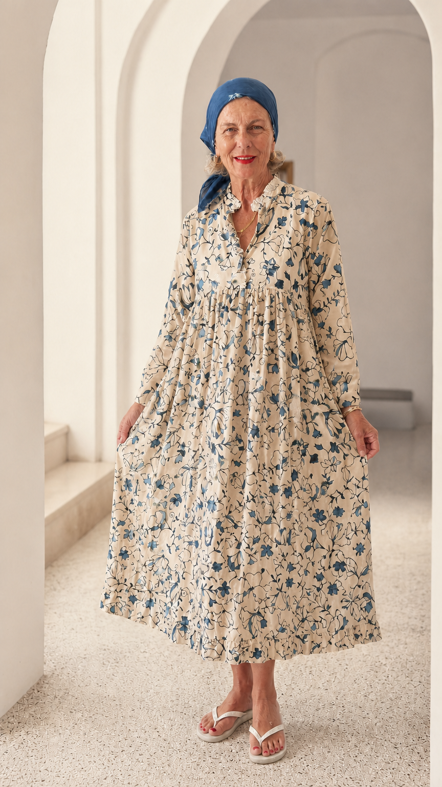 Front view of woman wearing Cream floral long sleeve relaxed midi dress