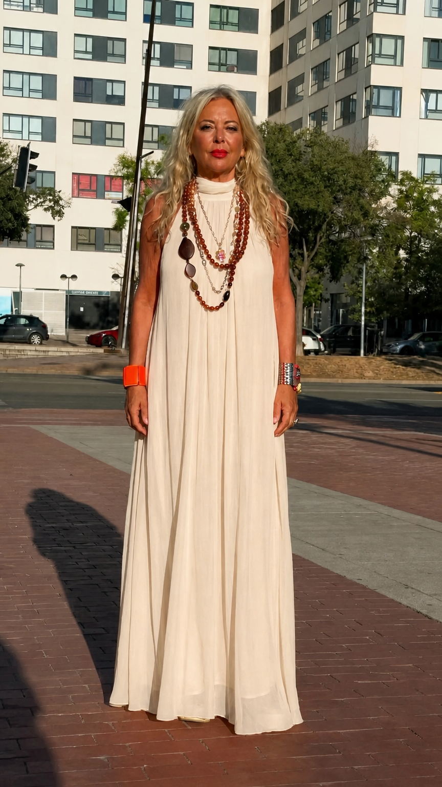 Front full-length view of woman wearing cream off-white high neck sleeveless chiffon maxi dress