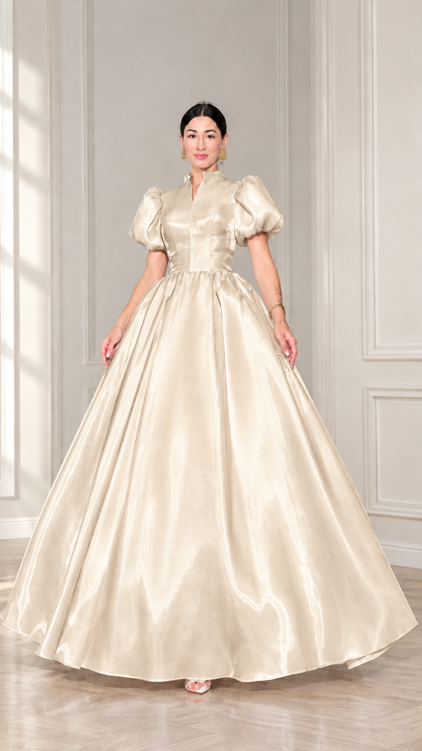 Champagne gold high neck puff sleeve satin formal gown