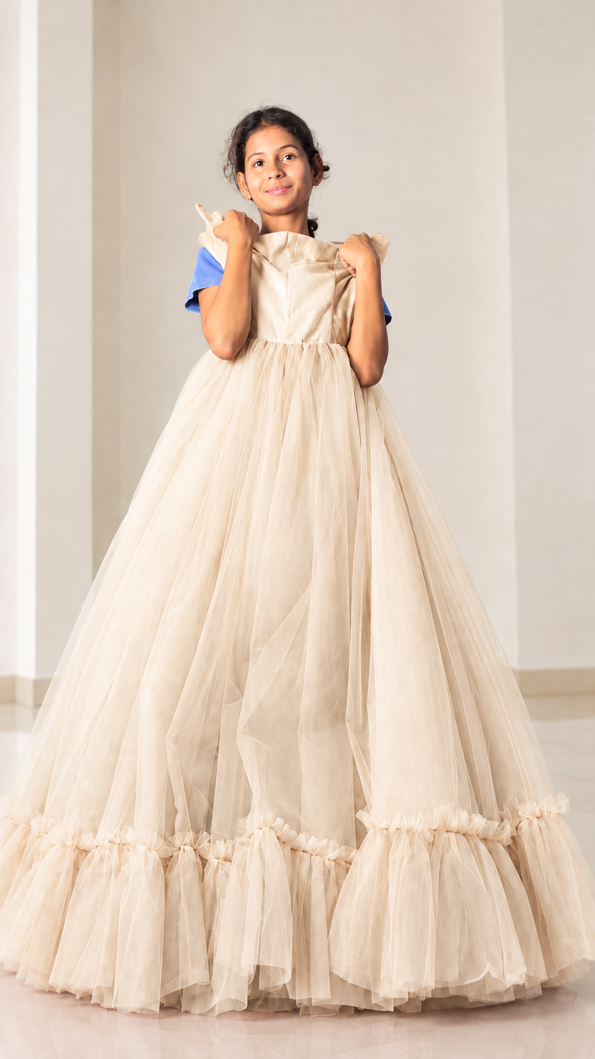 Front view of model wearing champagne beige ruffled tulle ball gown