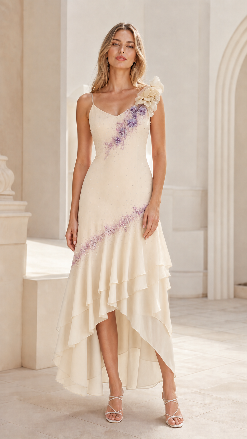 Champagne cream high-low ruffle formal gown with embroidered floral details