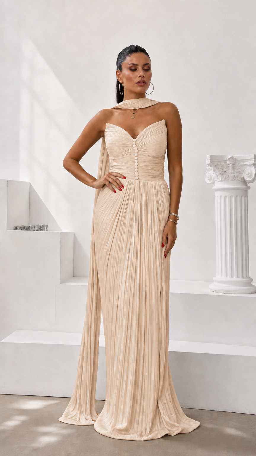Champagne beige strapless pleated evening gown with draped neck scarf