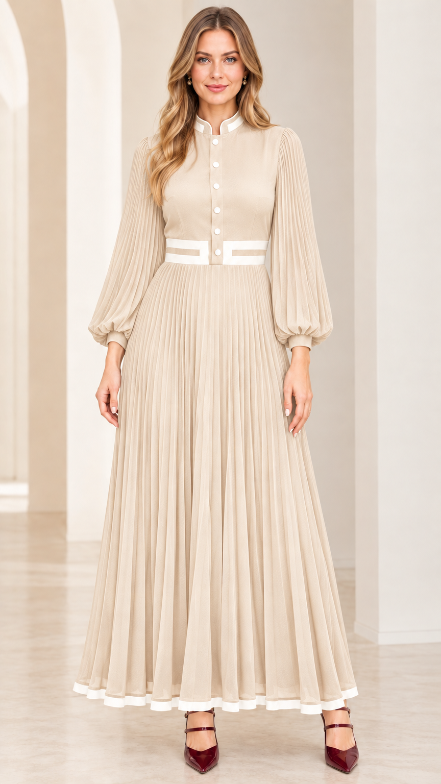 Front view of beige champagne long sleeve pleated maxi dress with white contrast details