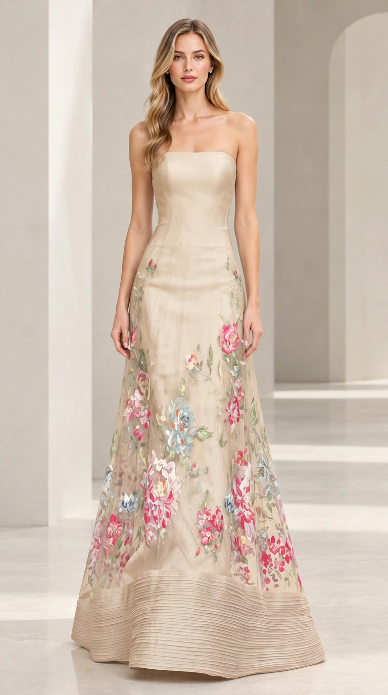 Full front view of champagne gold strapless floral embroidered evening gown
