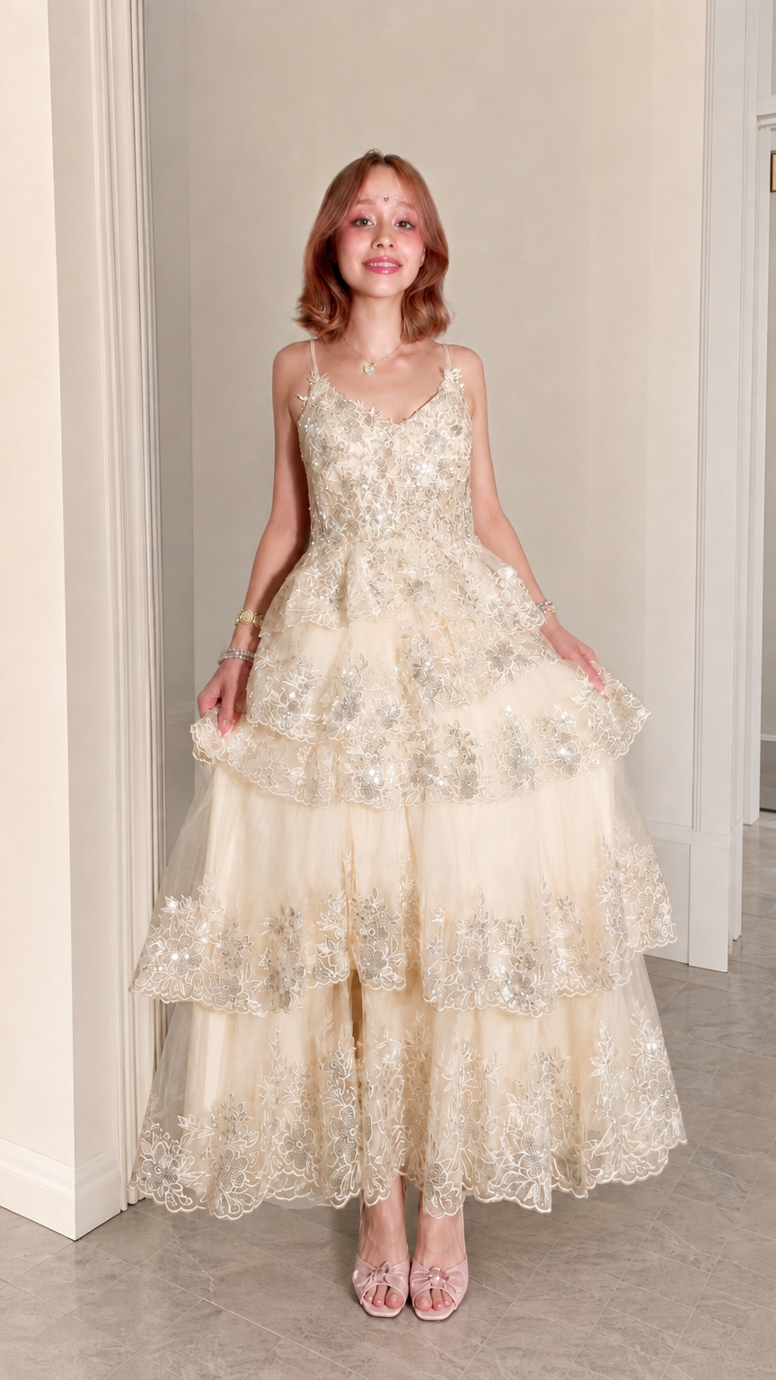 Champagne Gold Sequined Tiered Tulle Maxi Evening Gown Front View