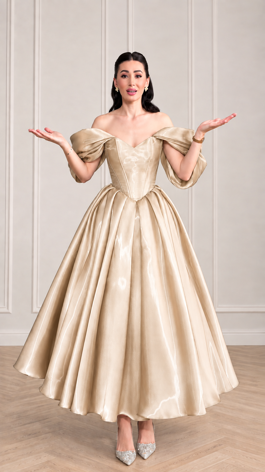 Woman wearing champagne gold off-the-shoulder satin corset formal gown