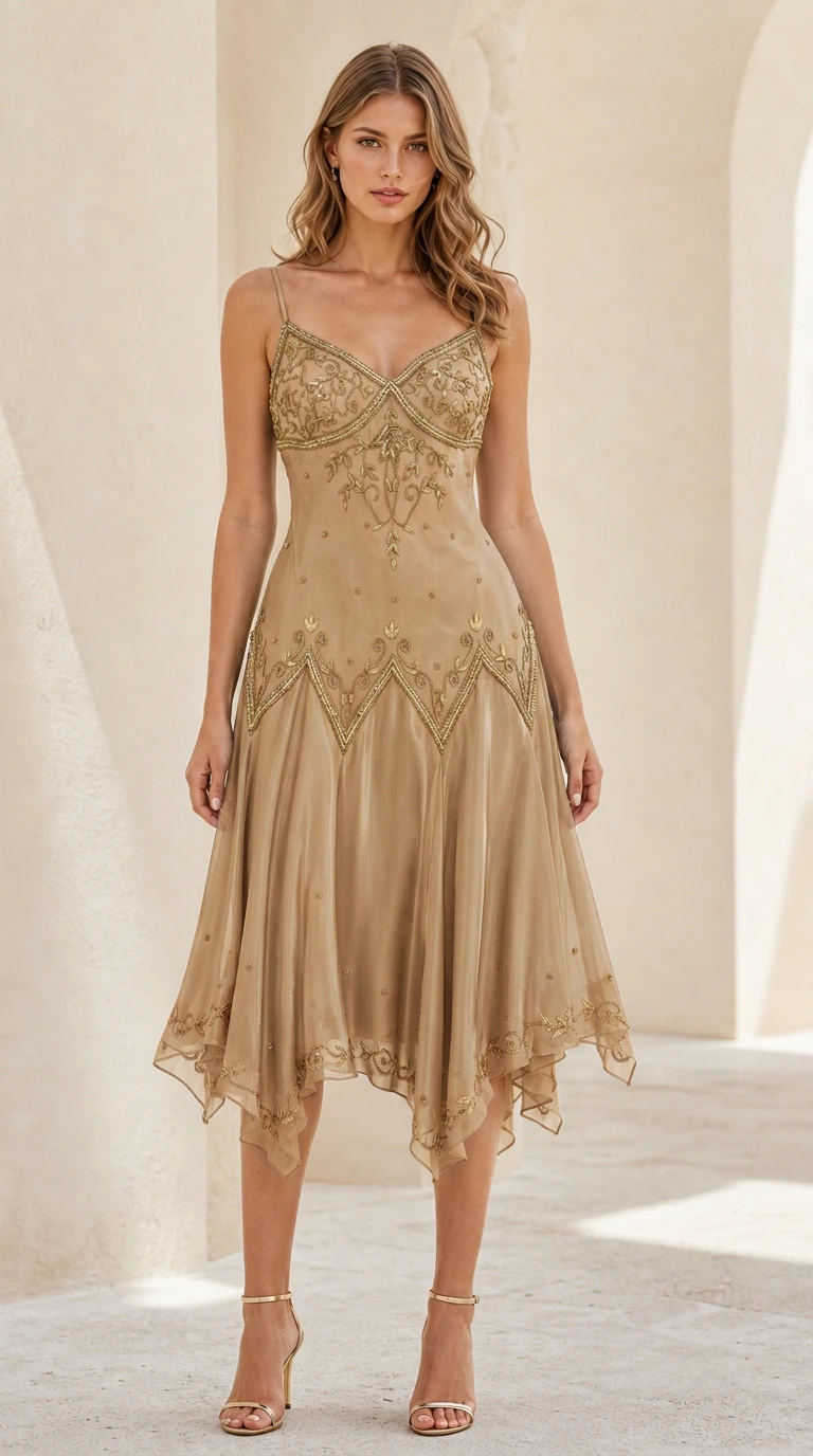 Front view of model wearing Champagne gold vintage beaded party dress