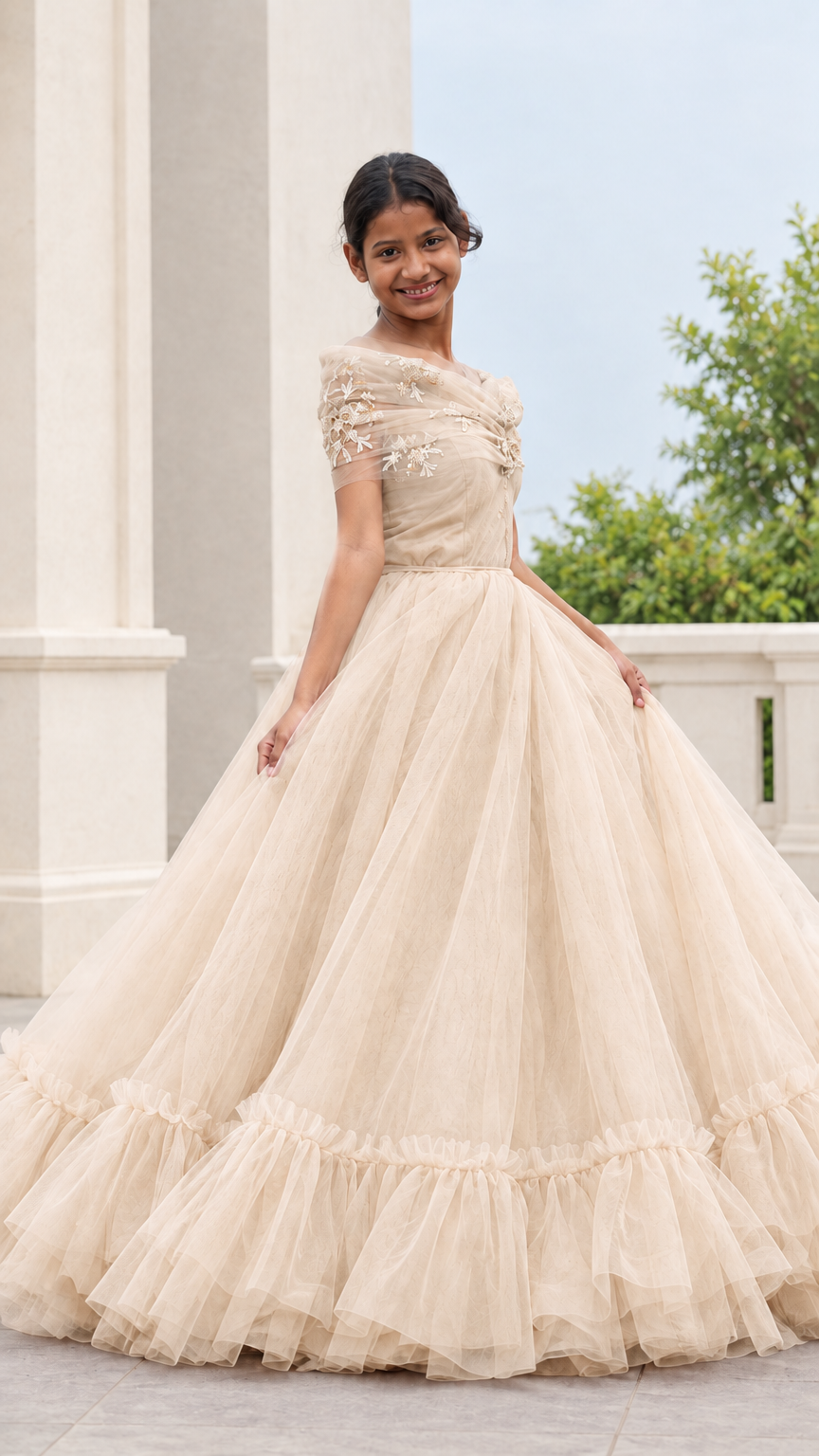 Full front view of a woman wearing a champagne beige embroidered tulle ball gown
