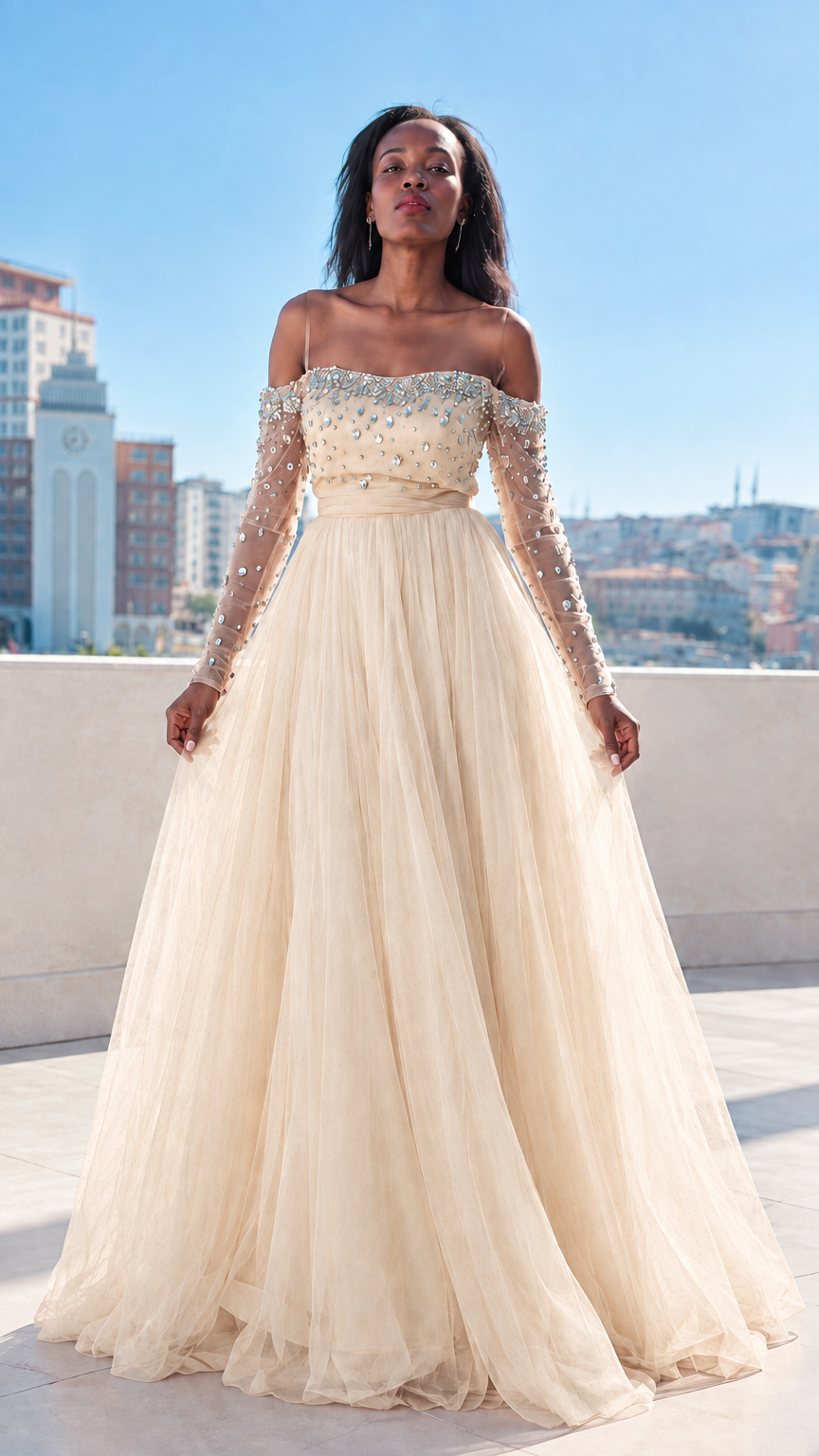 Front full-length view of champagne beige rhinestone off-the-shoulder tulle ball gown