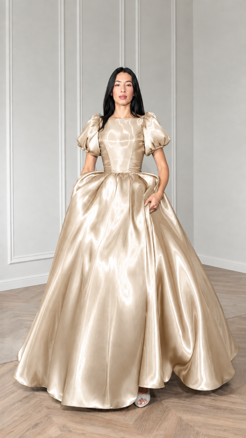 Front view of model wearing champagne gold satin puff sleeve ball gown