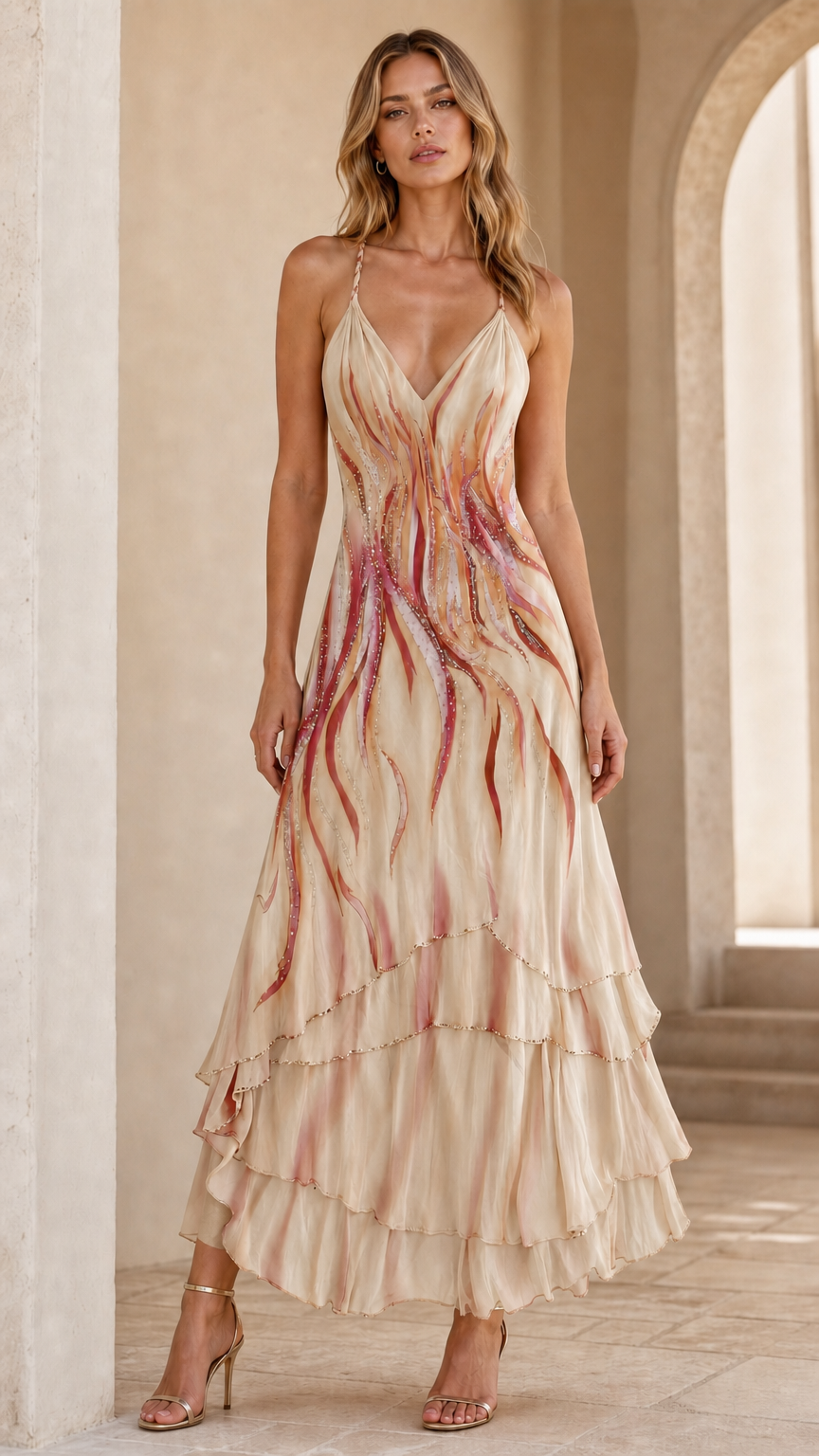 Woman wearing Champagne Beige abstract print tiered evening maxi dress