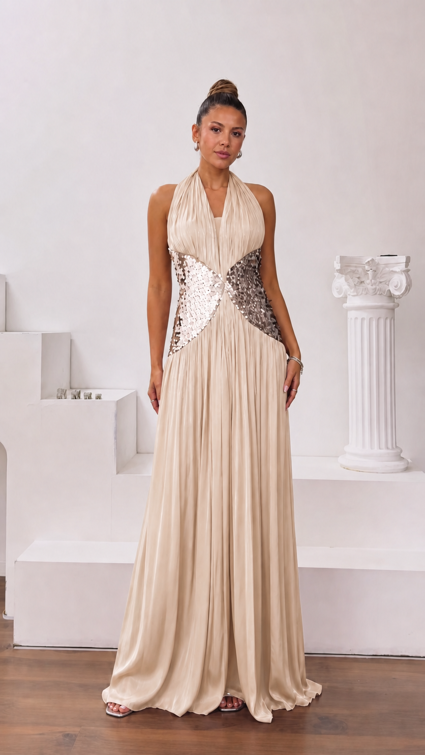 Champagne beige pleated halter evening gown with sequined waist