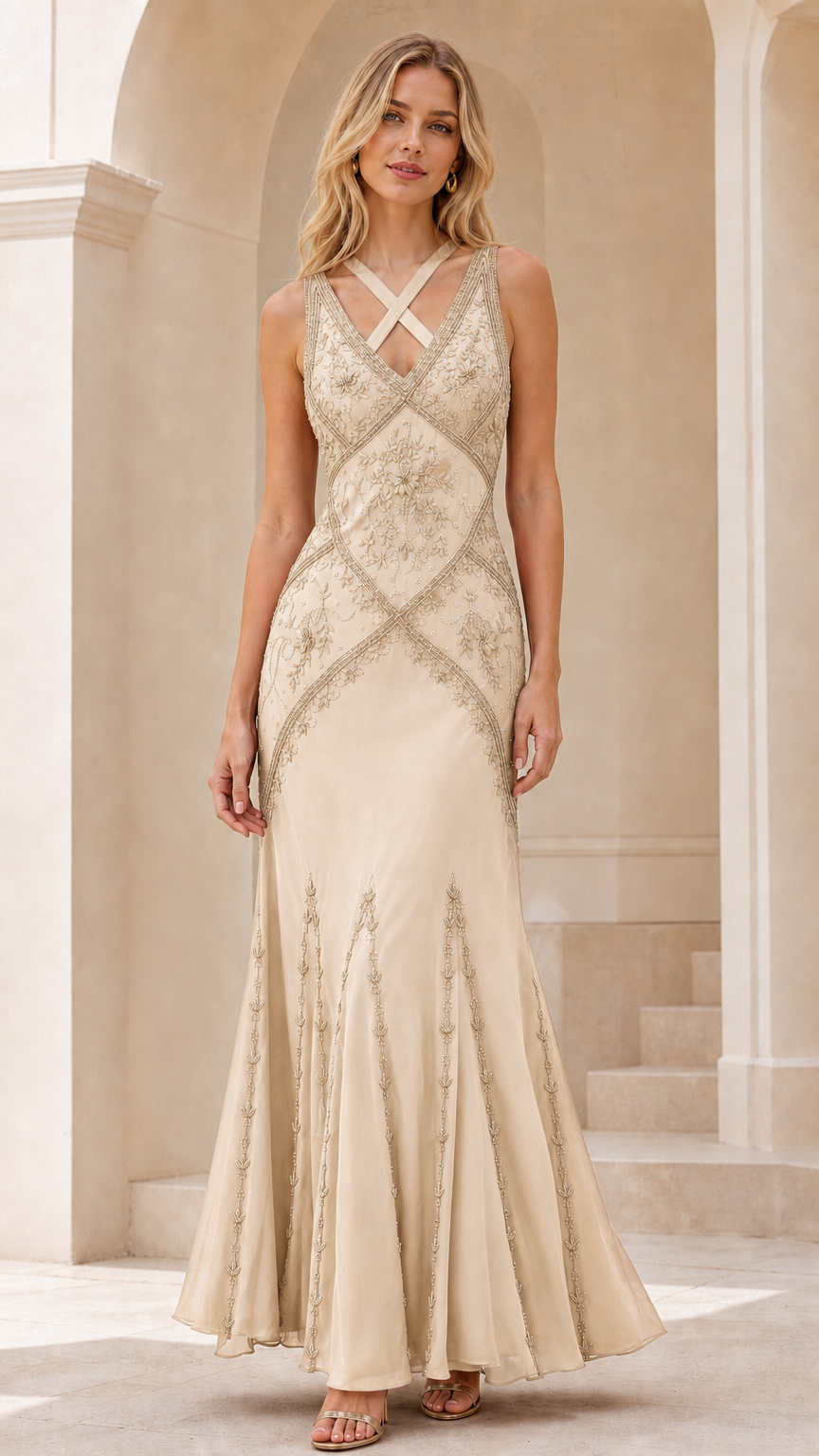 Front view of champagne gold embellished mermaid formal maxi dress