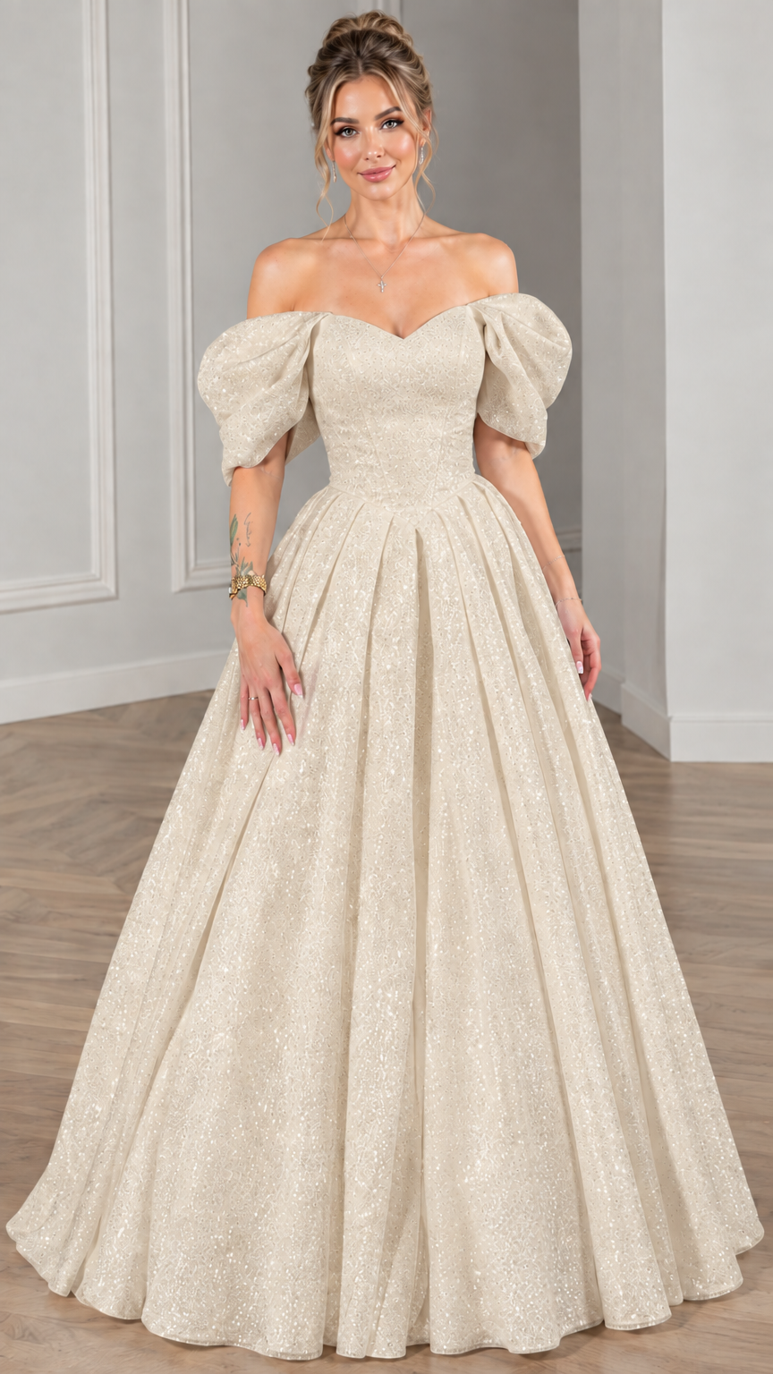 Model wearing champagne gold glitter formal puff-sleeve ball gown
