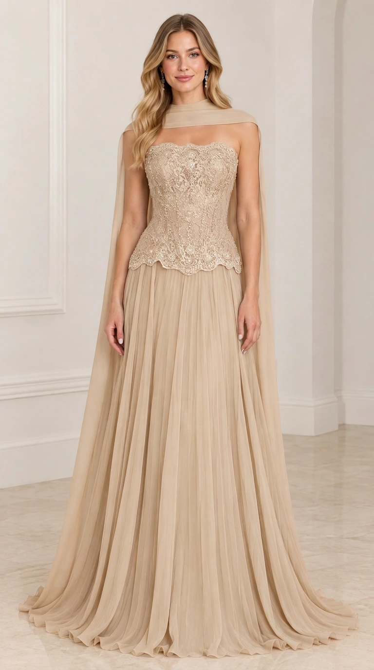 Front view of model wearing champagne gold strapless lace corset evening gown with chiffon cape