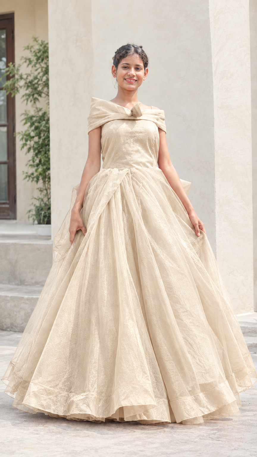 Front view of model wearing champagne beige tulle evening ball gown