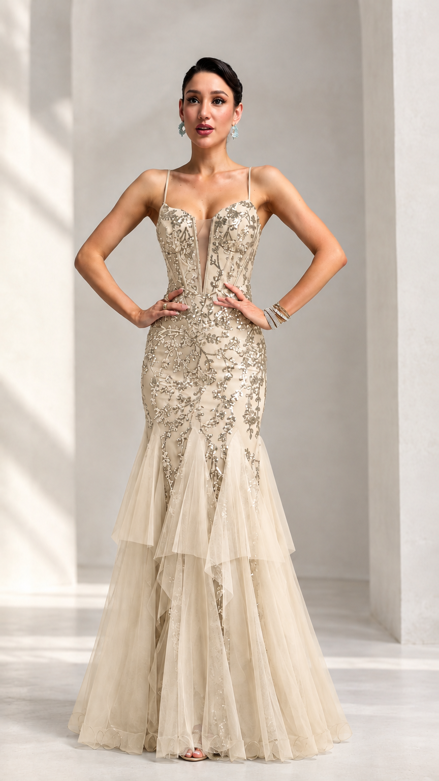 Front view of model wearing champagne gold sequin embroidered corset mermaid evening gown with tiered tulle skirt