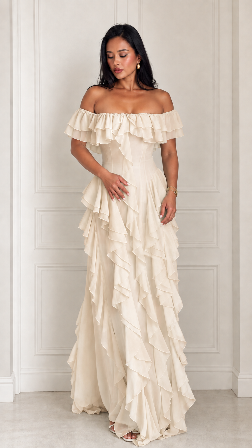 Model in a champagne cream off-the-shoulder ruffle maxi dress for special occasions