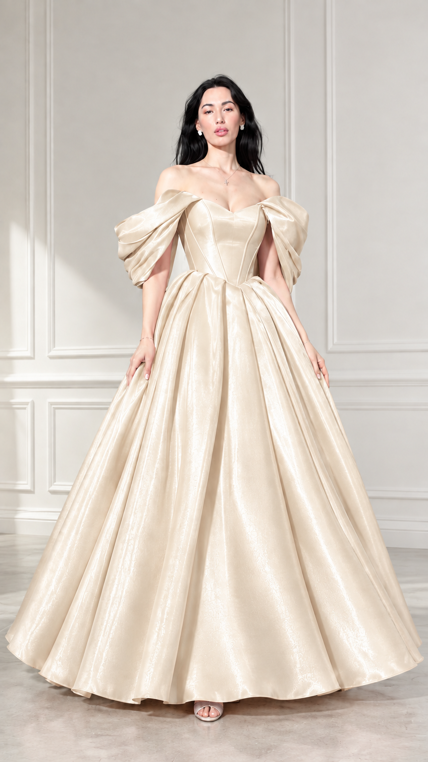 Front view of woman wearing champagne gold off-the-shoulder satin ball gown