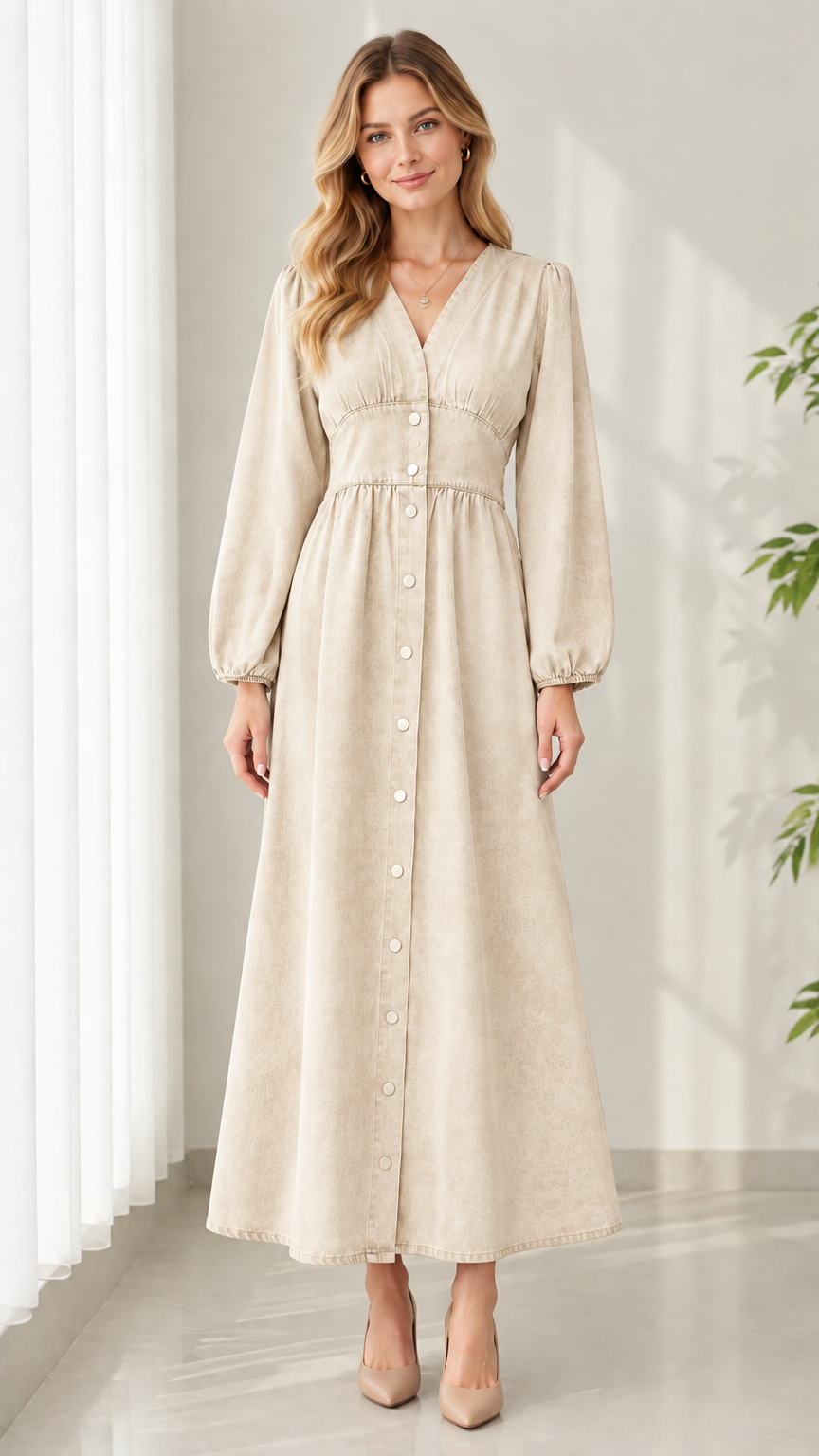Front view of model wearing Beige long sleeve button-front denim maxi dress