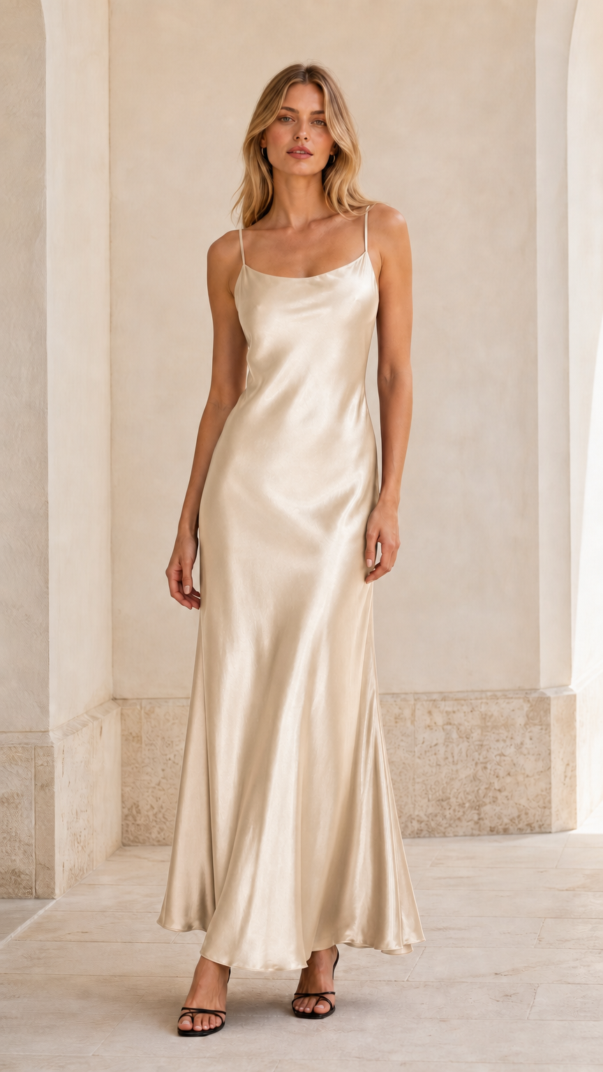 Front view of champagne ivory satin evening slip dress