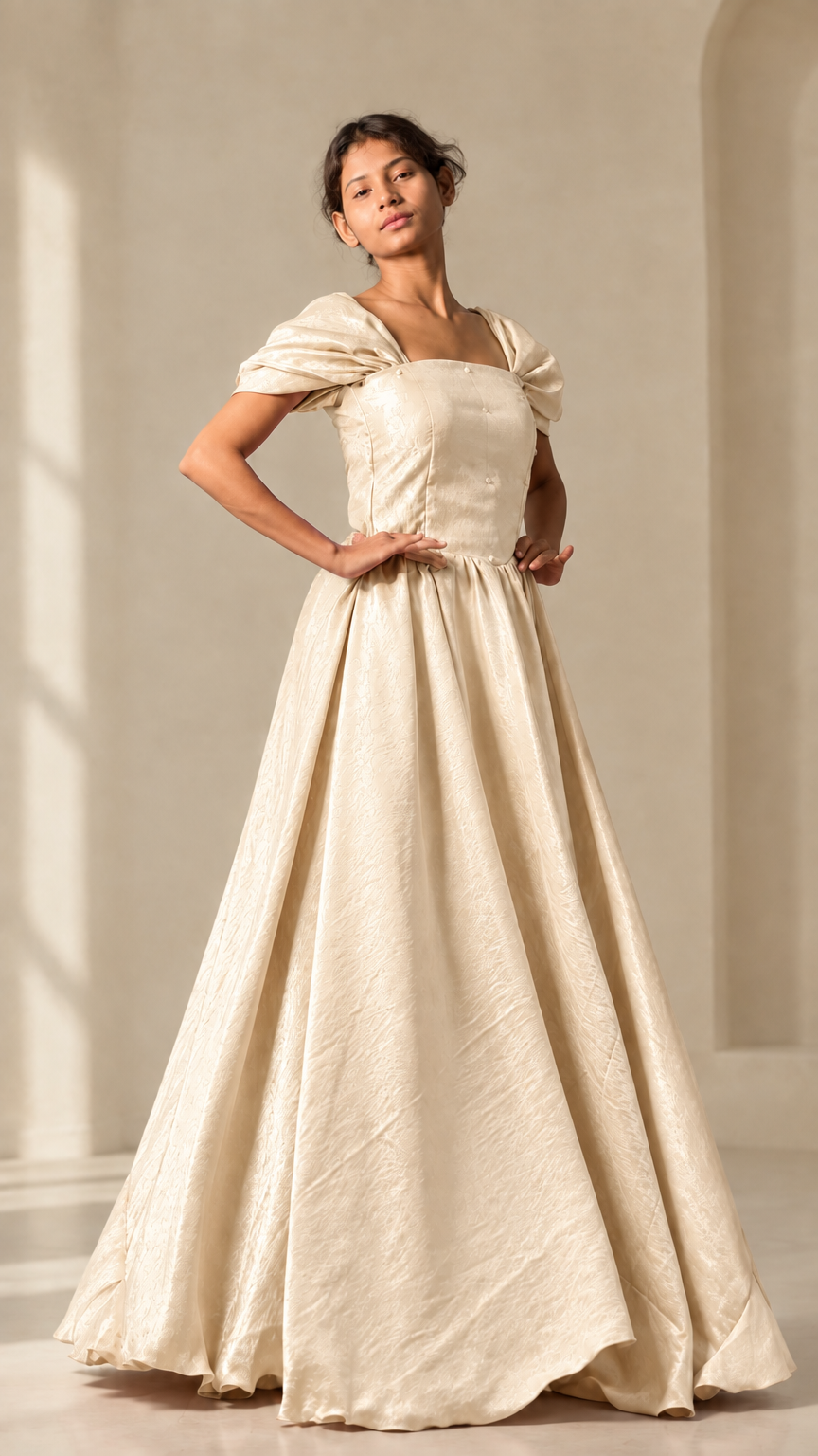 Full-length front view of model wearing champagne cream puff sleeve corset ball gown