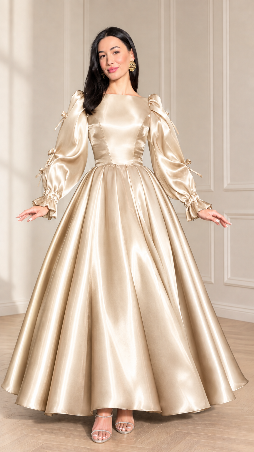 Front full-length view of champagne gold satin ball gown with puff sleeves