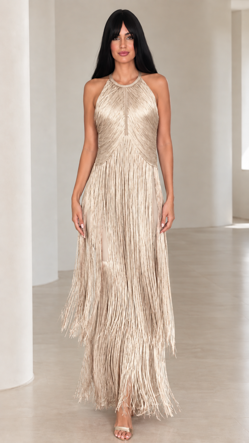 Full front view of champagne gold halter neck tiered fringe maxi dress